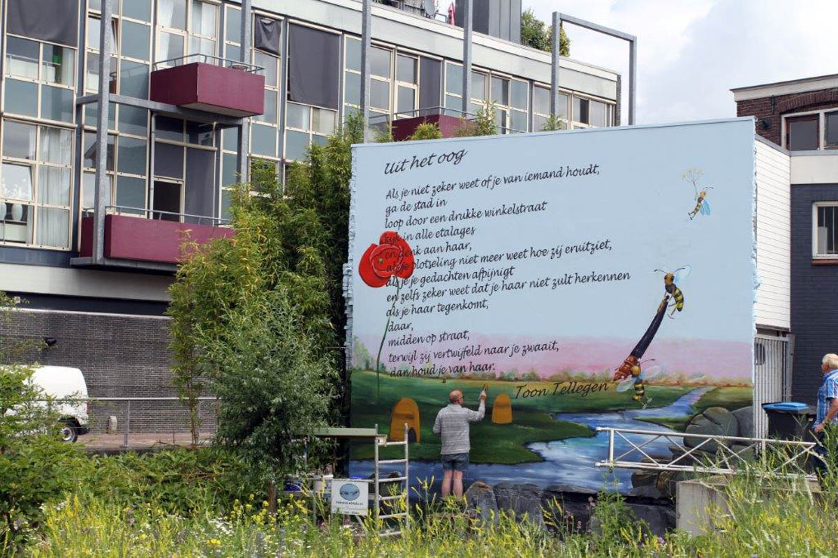 muurgedicht in combinatie met een muurschildering.  6 x 6 meter 